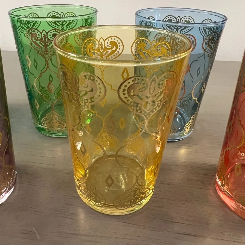 Scents & Feels Moroccan Tea Glasses Set of 6 Multicolored Gold Hand-Painted ARC
